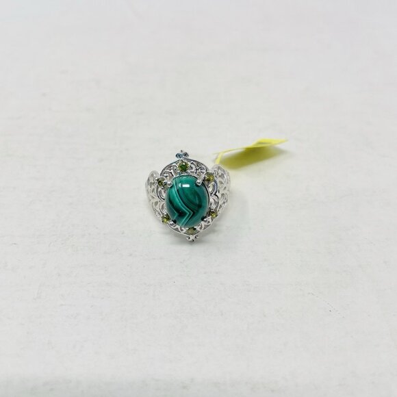 KARIS African Malachite/Simulated Peridot Size 7 Platinum Bond Brass Ring 5118 - Picture 4 of 6